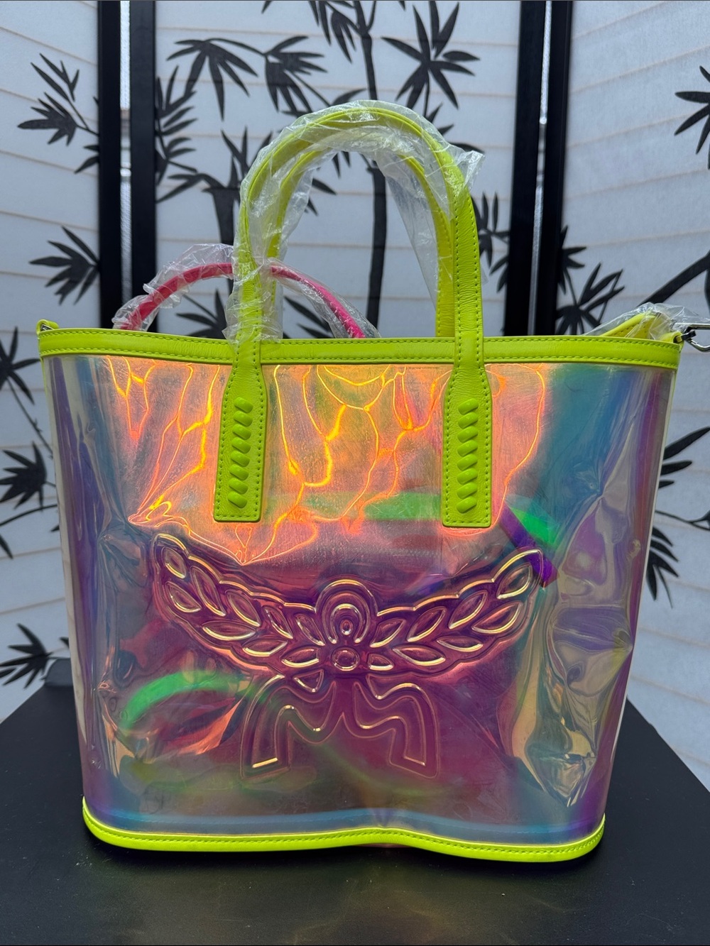 MCM Neon Yellow Iridescent Tote with Hot Pink Logo Wristlet - Picture 7 of 9